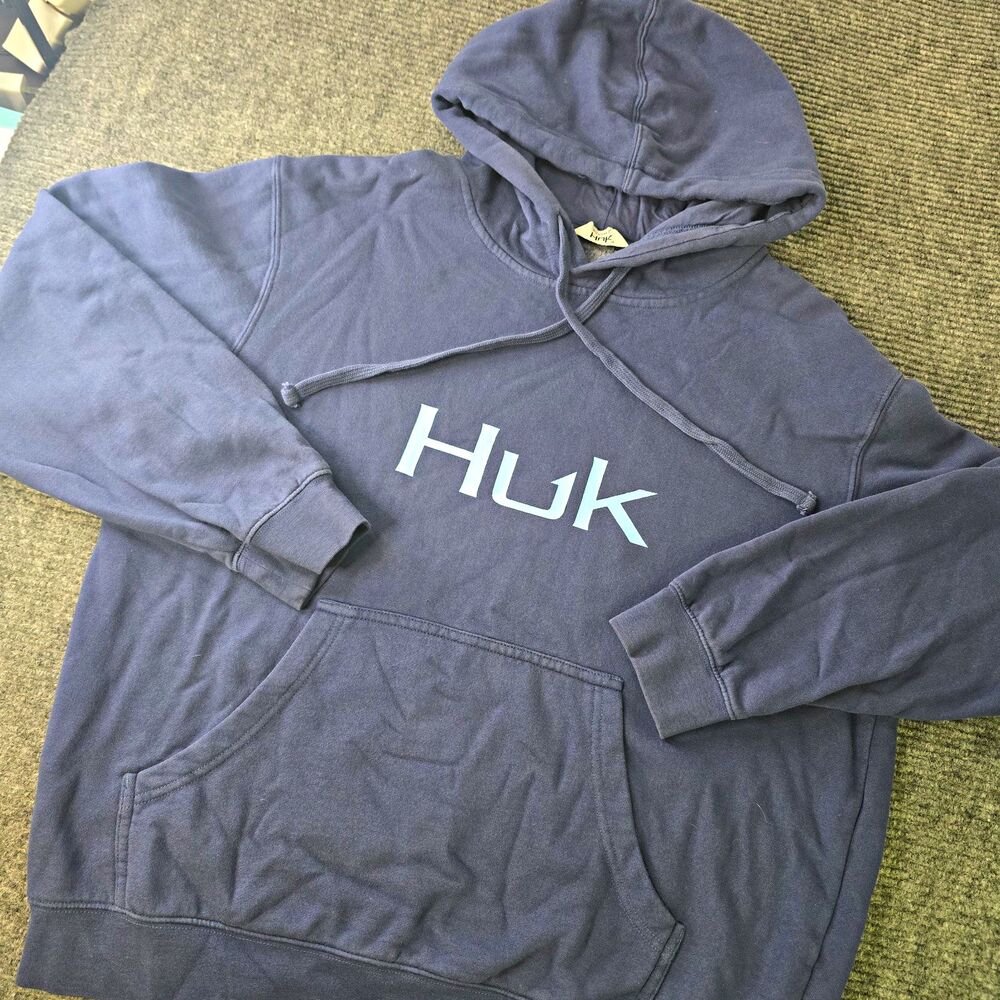 Huk Men’s L Navy Blue Pullover Hoodie Fleece Cotton Logo Pockets Fishing Outdoor
